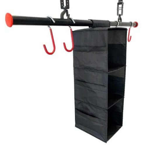 Garage Gator Golf Storage Lift - 220 lb 68223 - raised with position with shelf and hooks attached