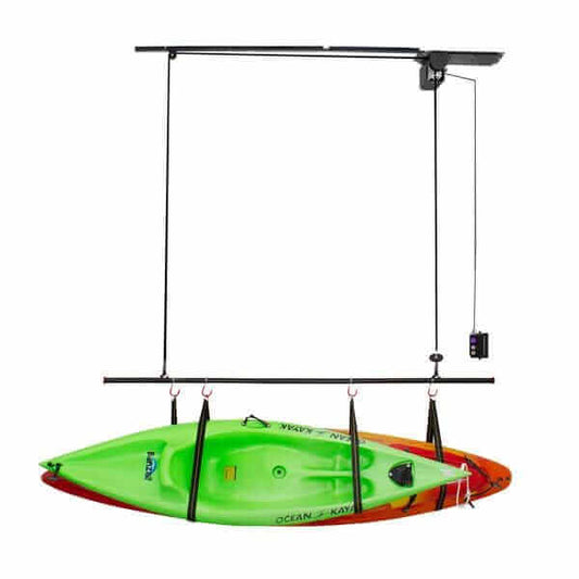 Garage Gator Dual Power Kayak & Canoe Lift Storage System GG8220CK2 - lowered position with 2 kayaks