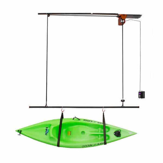 Garage Gator Power Kayak & Canoe Lift GG8220CK Storage Elevator - down position with kayak attached