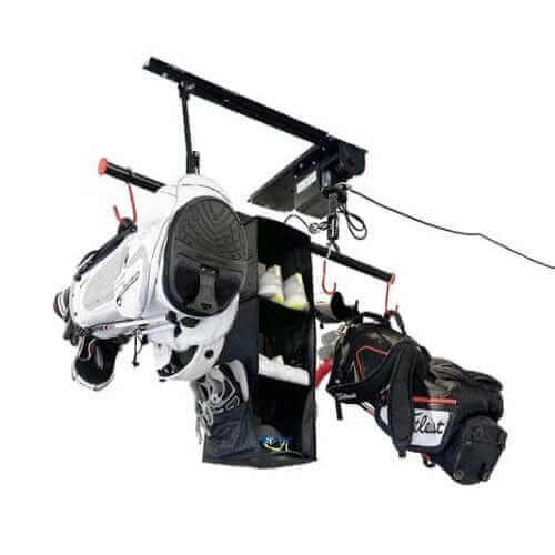 Garage Gator Golf Storage Lift - 220 lb 68223 - partially lowered position with golf bags attached