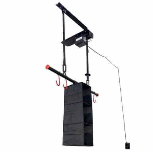 Garage Gator Golf Storage Lift - 220 lb 68223 - partially lowered position with collapsable shelf attached