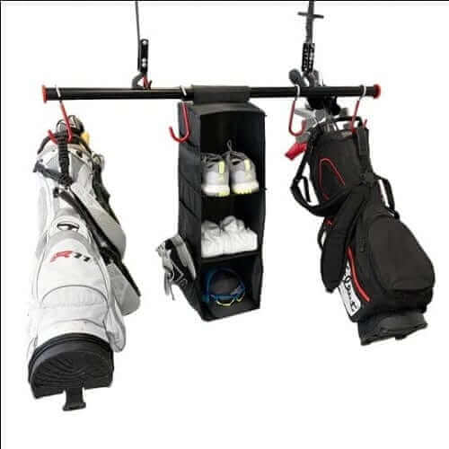 Garage Gator Golf Storage Lift - 220 lb 68223 - raised position with golf bags attached