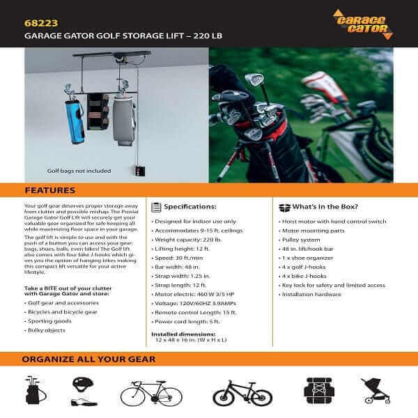Garage Gator Golf Storage Lift - 220 lb 68223 - features and spec sheet