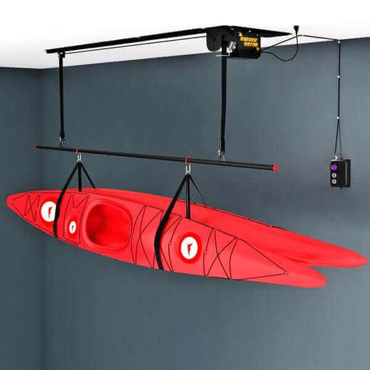 Garage Gator Dual Power Kayak & Canoe Lift Storage System GG8220CK2 - raised position with 2 kayaks