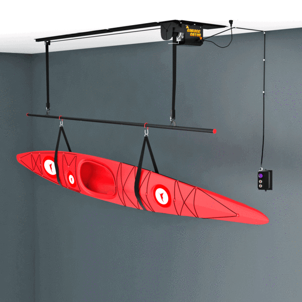 Garage Gator Power Kayak & Canoe Lift GG8220CK Storage Elevator - up position with kayak attached dark background