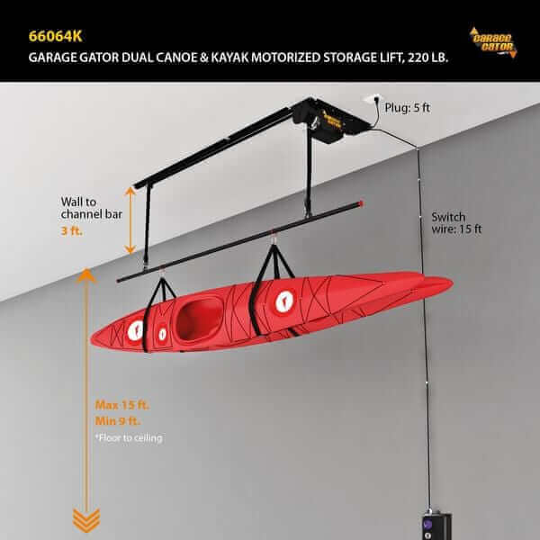 Garage Gator Dual Power Kayak & Canoe Lift Storage System GG8220CK2 - raised position with 1 kayak and control pendant