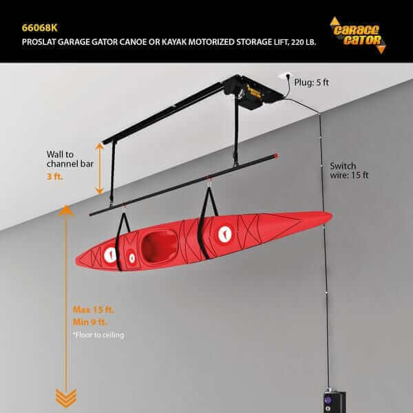 Garage Gator Power Kayak & Canoe Lift GG8220CK Storage Elevator - up position with kayak attached and critical measurements